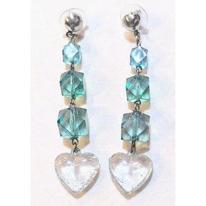 Elegant Dangle Drop Green Faceted Bead Earrings Boho Crackle Heart Bead 3"